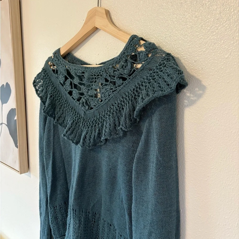 Free People Teal Ruffle Lace Top